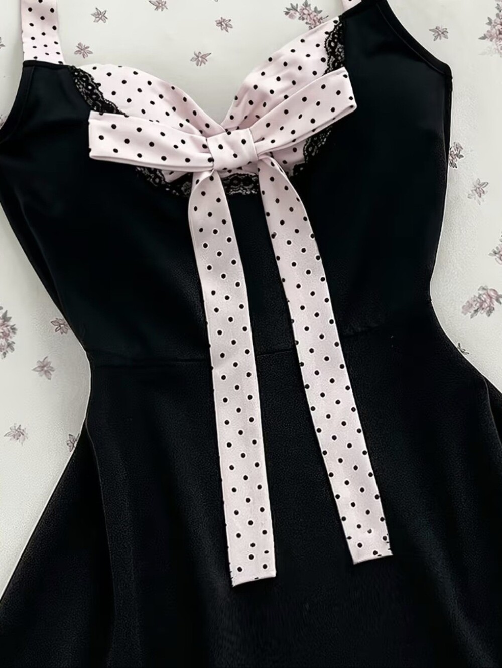 Black and Pink Polka Dot Halter Neck Dress, Style Bow Waist A-Line Mini Dress - Picture 3 of 4